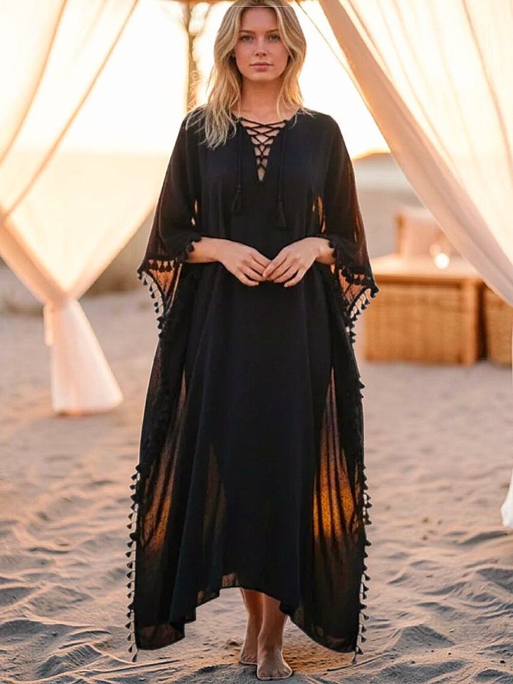 Walter Baker Acapulco Kaftan Black Tassel Sheer Beach Coverup Resort/Vacation OS